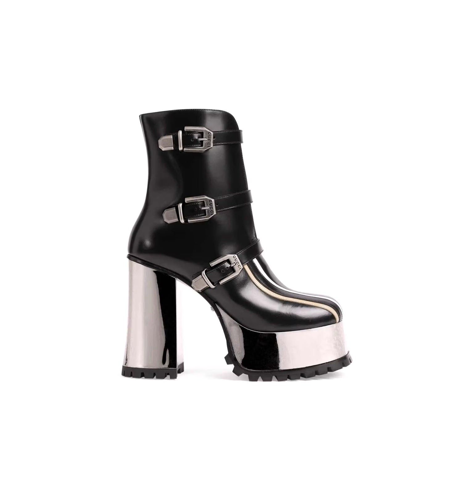 image of Gucci Buckles Metallic Leather Platform Boots Size 40 in Black, Women's