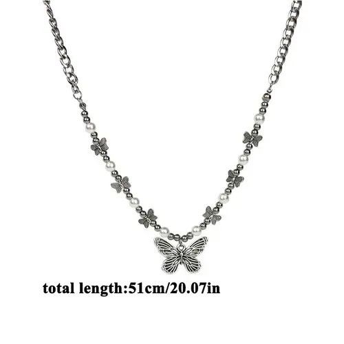 Jewelry Goth Harajuku Butterfly Pearl Pendant Chain Choker Necklace Size ONE SIZE - 7 Thumbnail