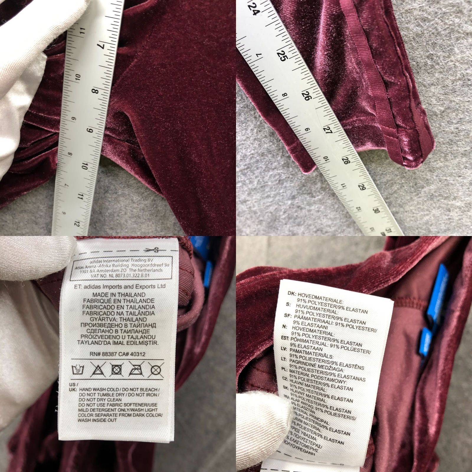 Adidas Adidas Originals Velvet Leggings Womens XS Burgundy Mid Rise Trefoil Side Stripe Activewear Gym & Training Slim Fit Ankle 28in Inseam Women’s XS Size 26" / US 2 / IT 38 - 8 Thumbnail