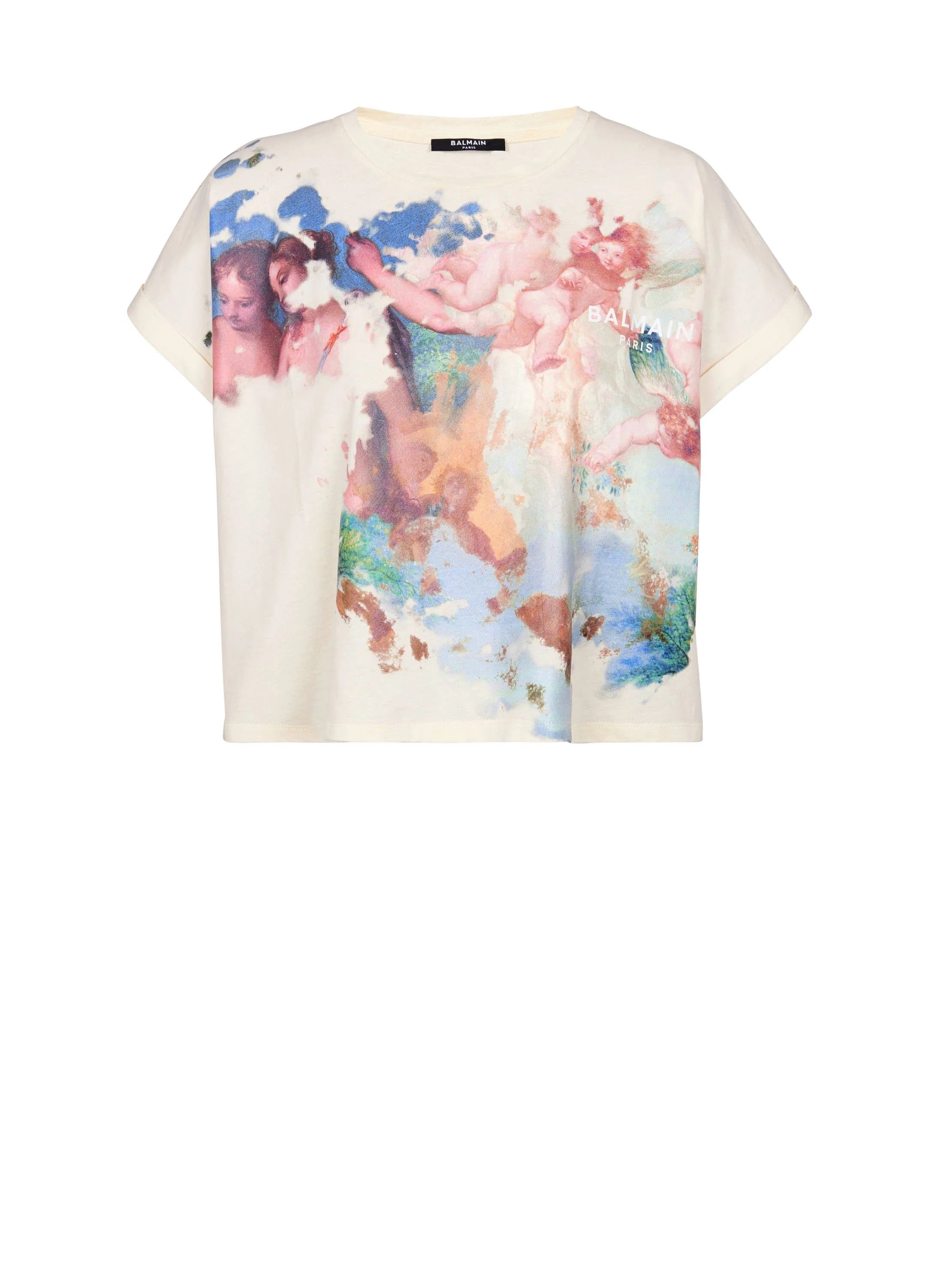 Image of Balmain O1Srvl11E0524 Cropped Pastel Print T-Shirt In Multicolor, Women's (Size XS)