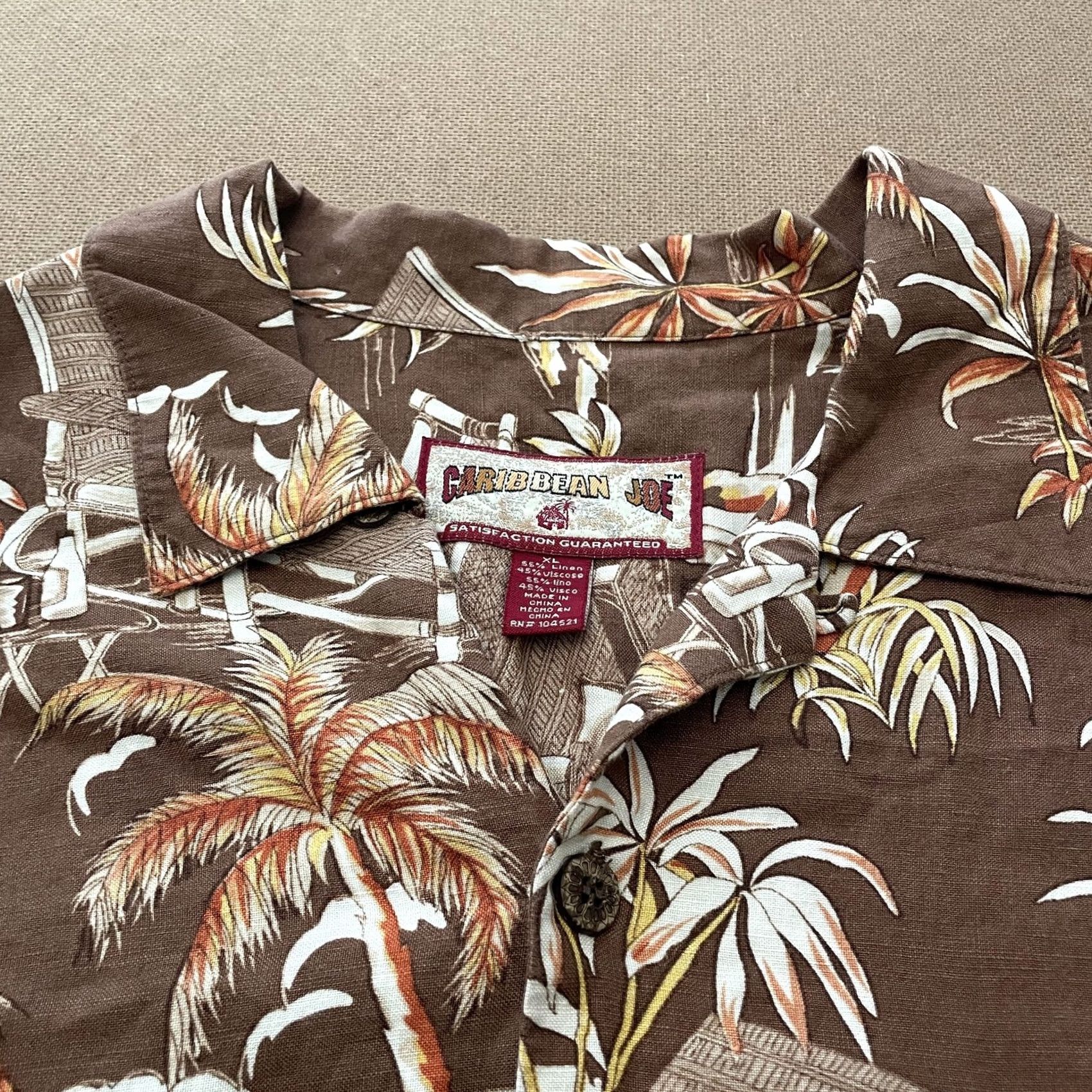 Vintage Caribbean Joe Shirt Mens XL Brown Floral Palm Tree Linen Blend Hawaiian Beach Size US XL / EU 56 / 4 - 2 Thumbnail