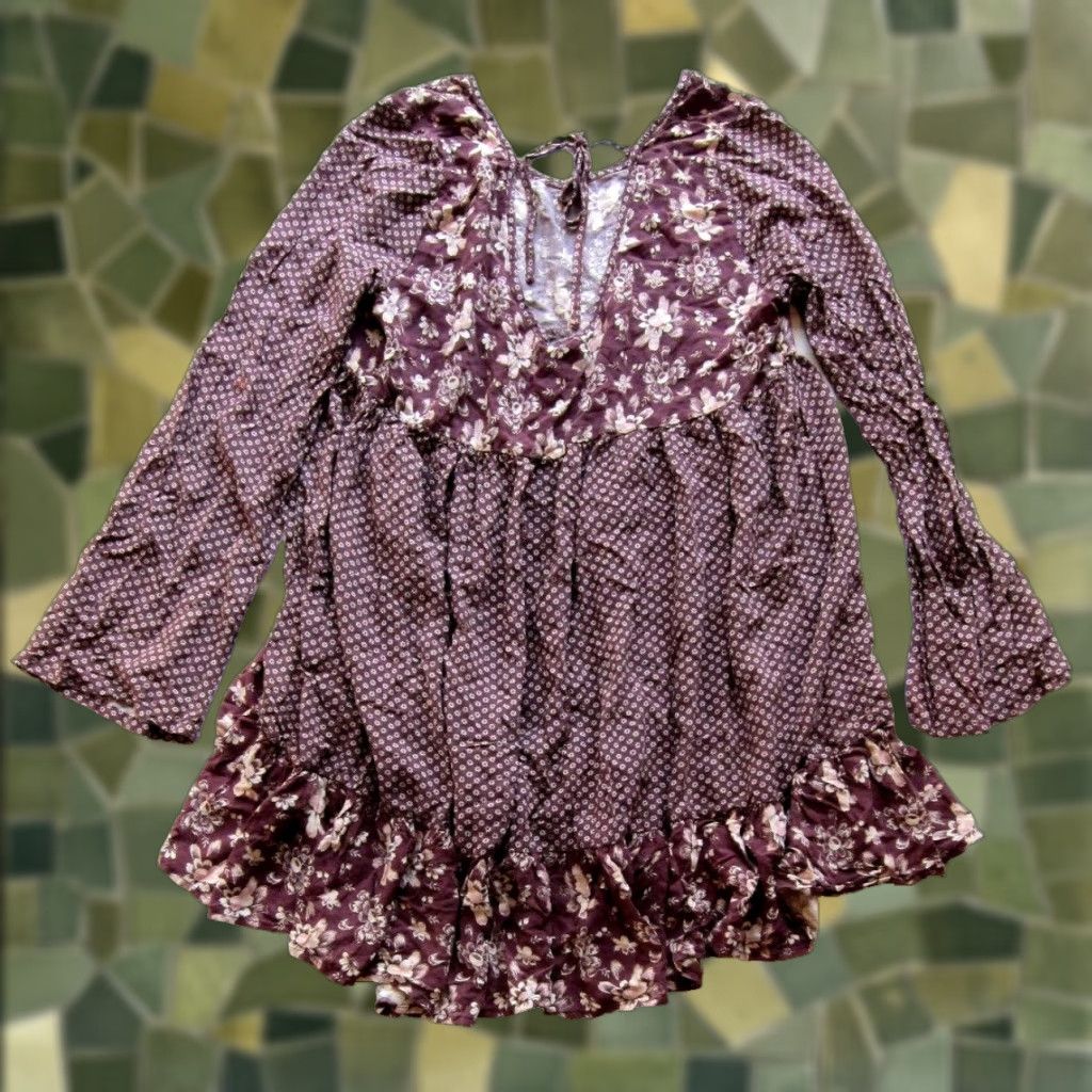 Vintage Tokyo Darling 100% Rayon Purple White Floral Long Sleeve Smock Tunic Dress XL Size XL / US 12-14 / IT 48-50 - 1 Thumbnail
