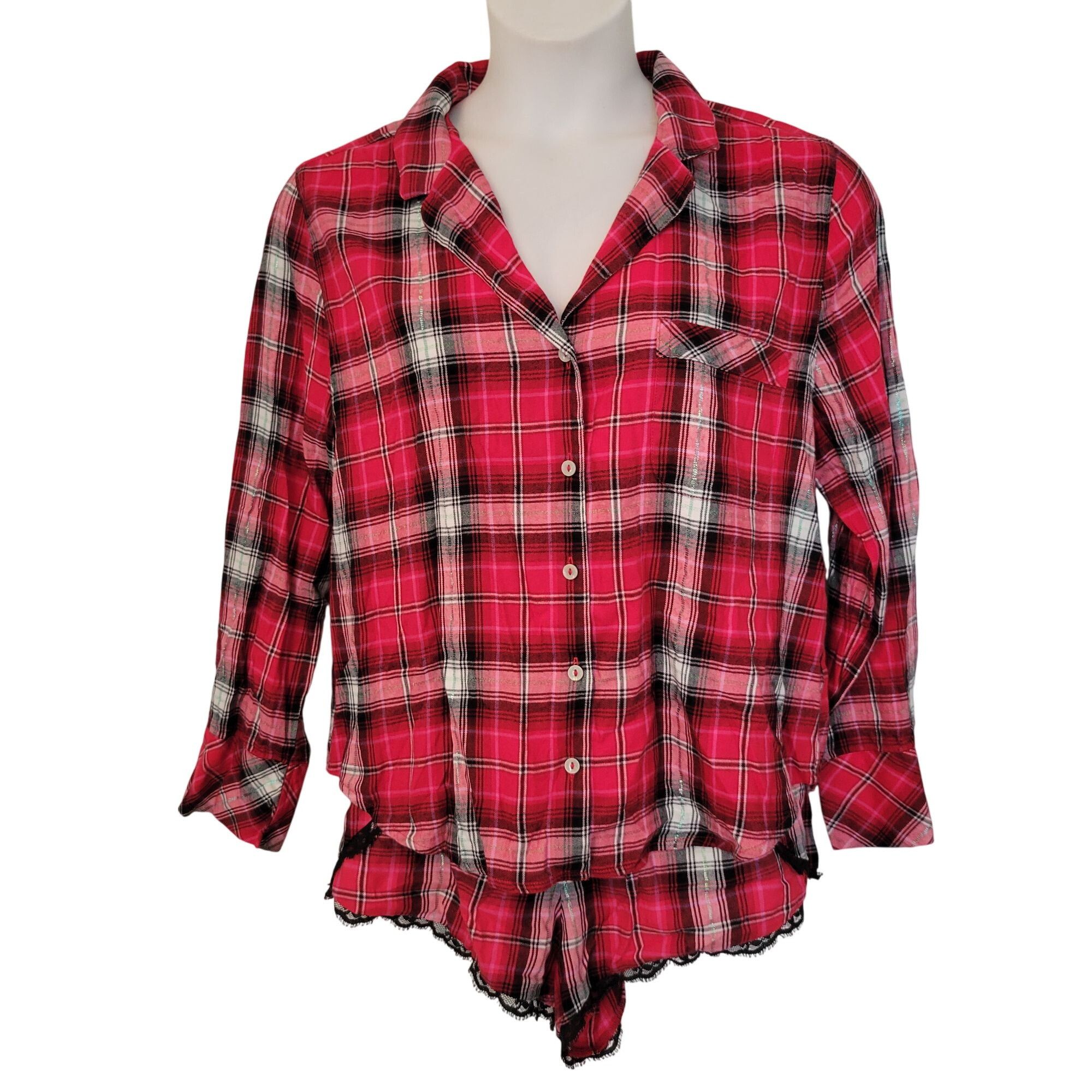 Victoria's Secret Victorias Secret L Red Plaid 2 Piece Pajama Set Lace Trim Sh Size L / US 10 / IT 46 - 1 Thumbnail