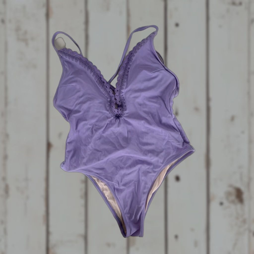 Vintage Shade & Shore One Piece Swimsuit Women's M Lilac Crochet Low Cut Tank Strap Spaghetti Adjustable Backless Removable Pads Nylon Polyester Spandex Size ONE SIZE - 1 Thumbnail