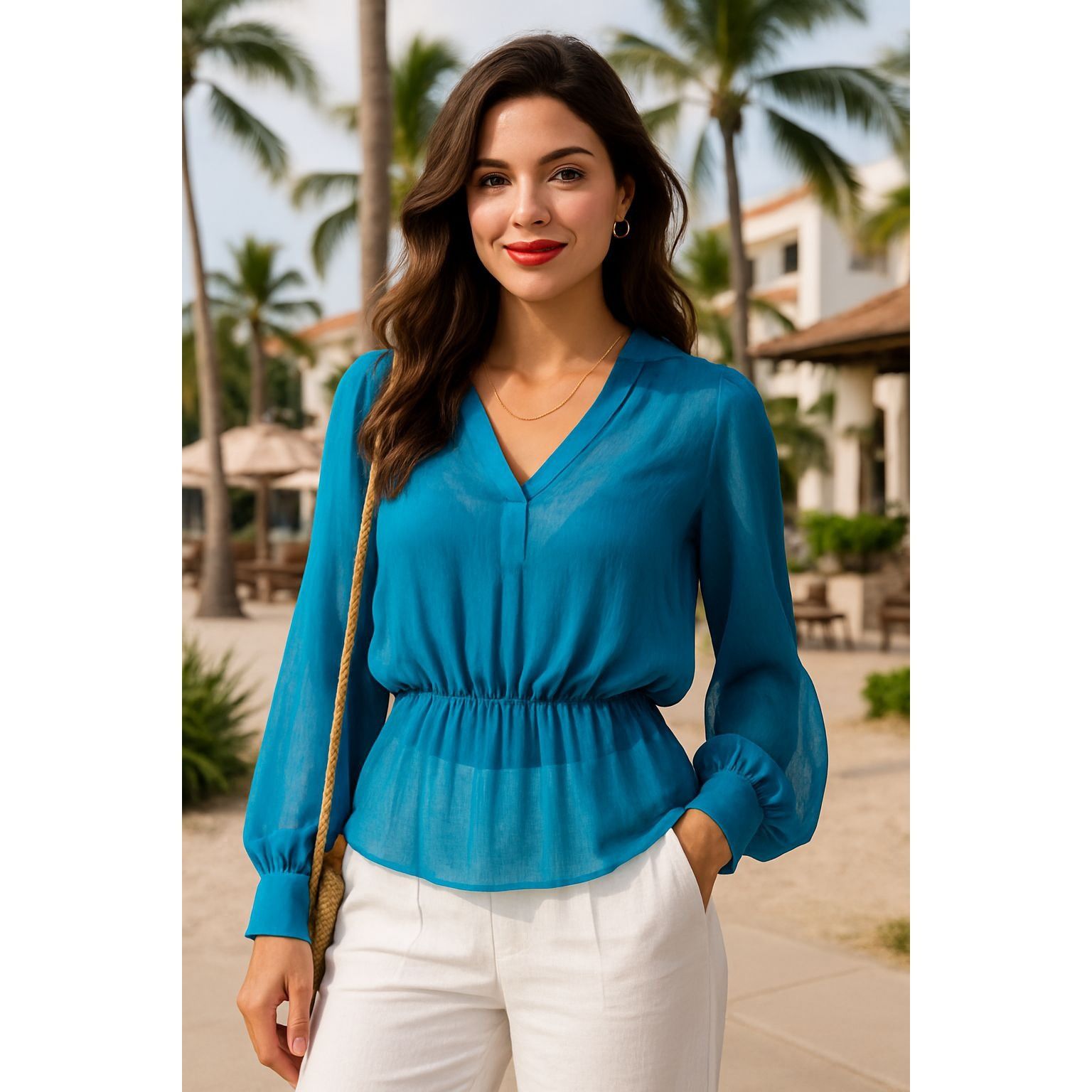 Other 7th Avenue New York Company Large Teal Sheer Blouse V neck L Size L / US 10 / IT 46 - 1 Thumbnail