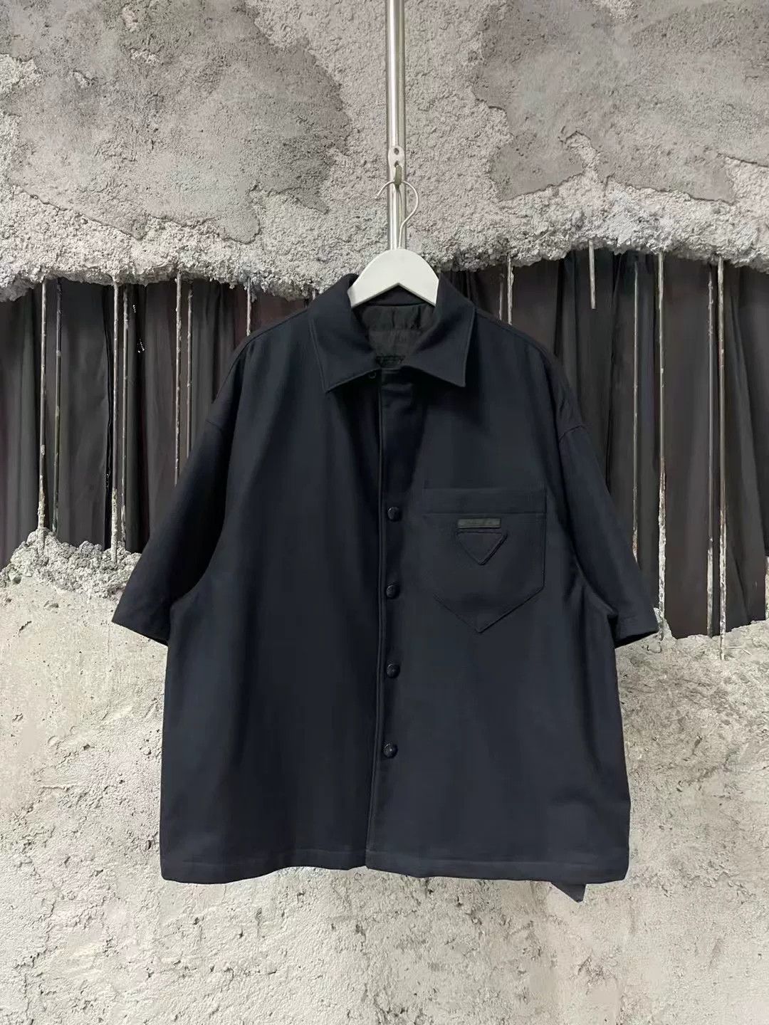 Prada Prada Dark Blue Wool Triangle Logo Short-Sleeve Shirt Size US S / EU 44-46 / 1 - 1 Thumbnail
