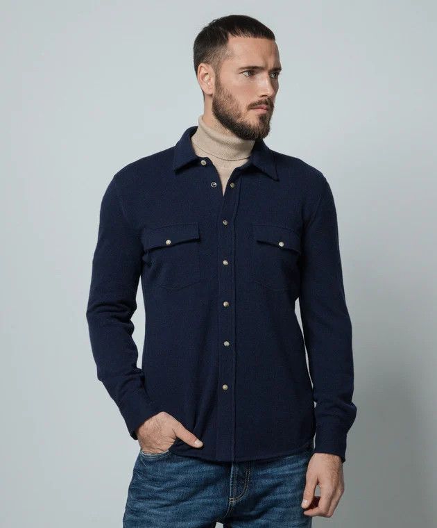 Brunello Cucinelli o1w1db10326 Wool Cashmere Silk Shirt in Navy Blue Size US M / EU 48-50 / 2 - 2 Thumbnail