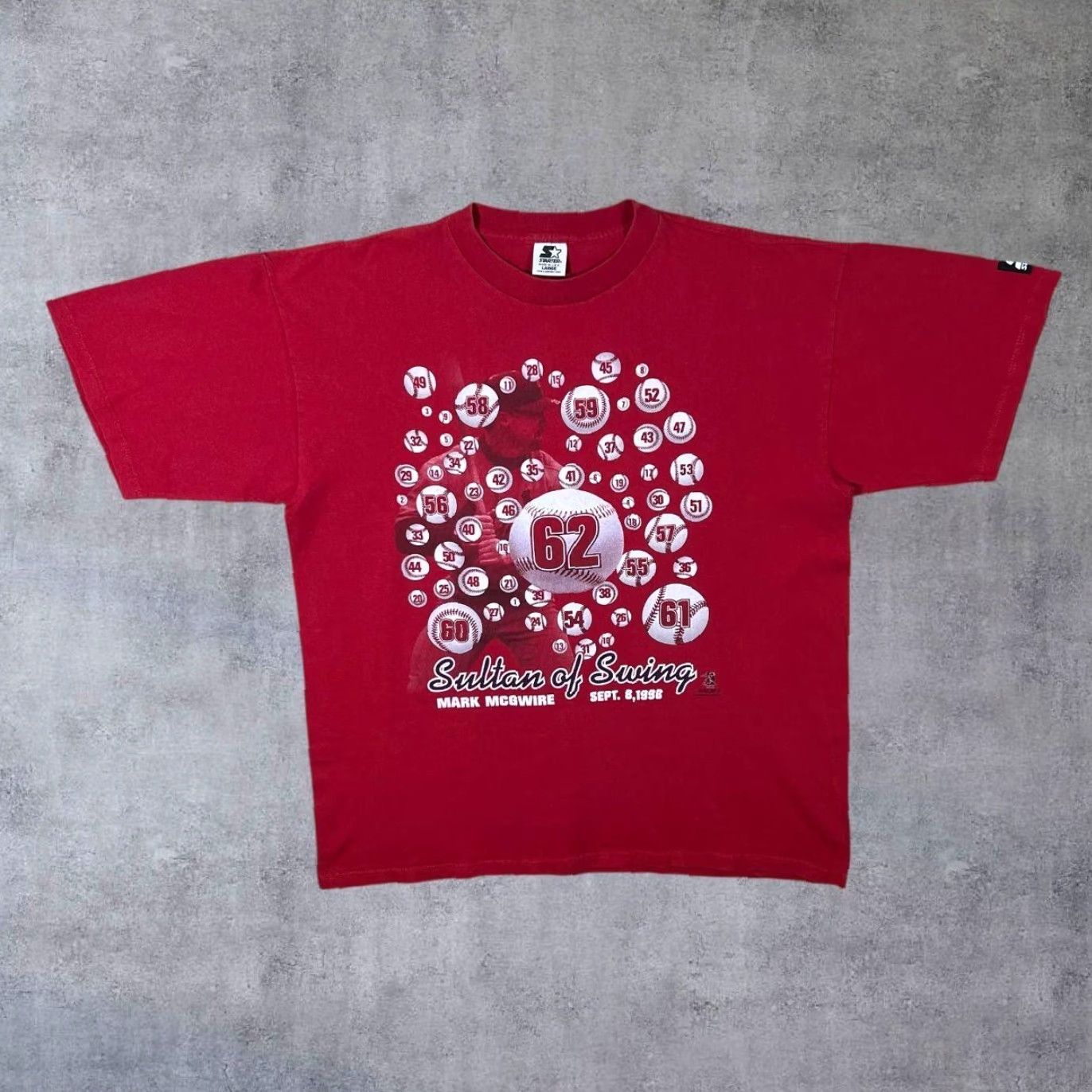 Starter VINTAGE Starter MLB Mark McGwire Sultan Of Swing Cardinals Baseball T-Shirt L XL Red Mens Short Sleeve Graphic Print T-Shirt 1998 Size US L / EU 52-54 / 3 - 2 Thumbnail