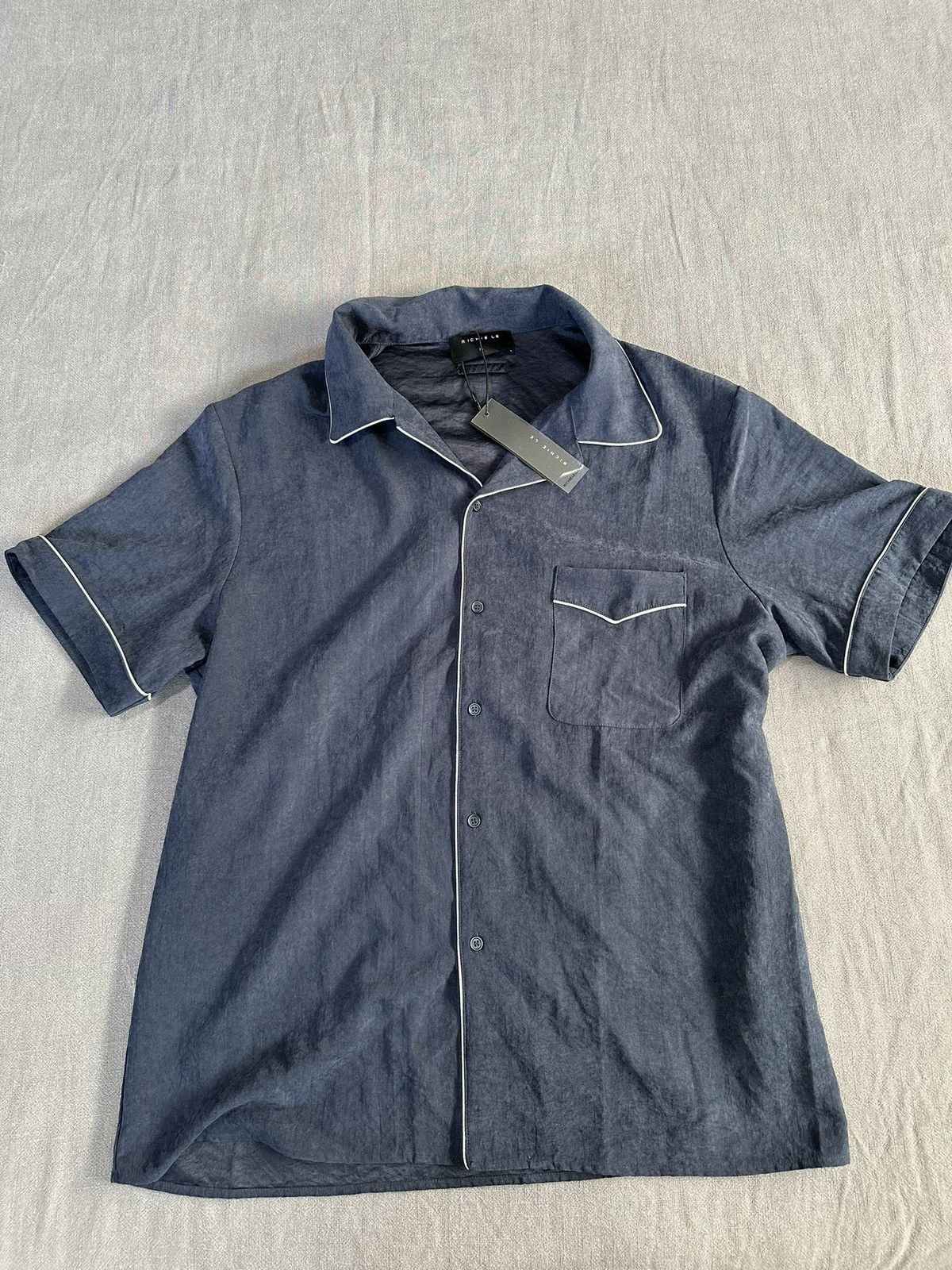 image of Richie Le Collection Navy Blue Lounge Button Up Richie Le Shirt in Navy/Blue, Men's (Size XL)