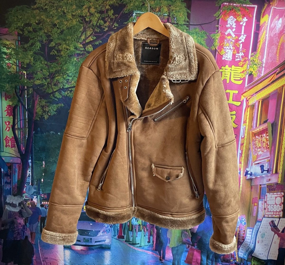 image of Reason Faux Fur Jacket. Pilot Style in Brown, Men's (Size Medium)