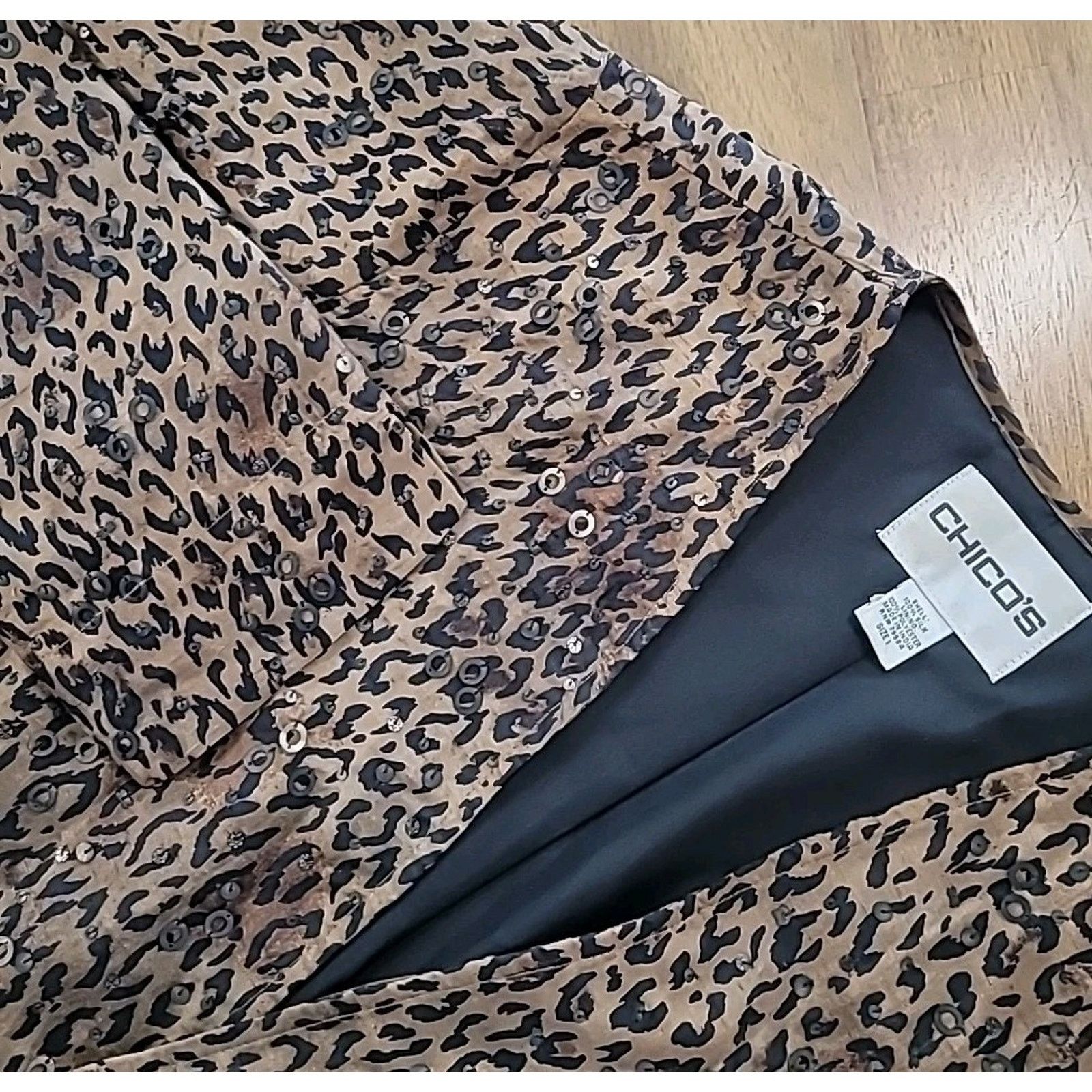 Chico’s Silk Animal Print Sequin Jacket Open Cropped Sz M