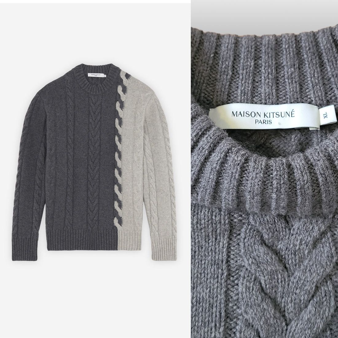 image of Maison Kitsune Wool Cashmere Cable Knit Sweater Bi-Color in Grey, Men's (Size XL)