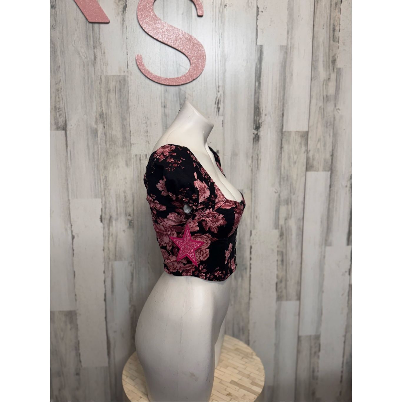 Melrose XS Black Pink Floral Corset Crop Top Puff Sleeve Hook-Front Size XS / US 0-2 / IT 36-38 - 5 Thumbnail