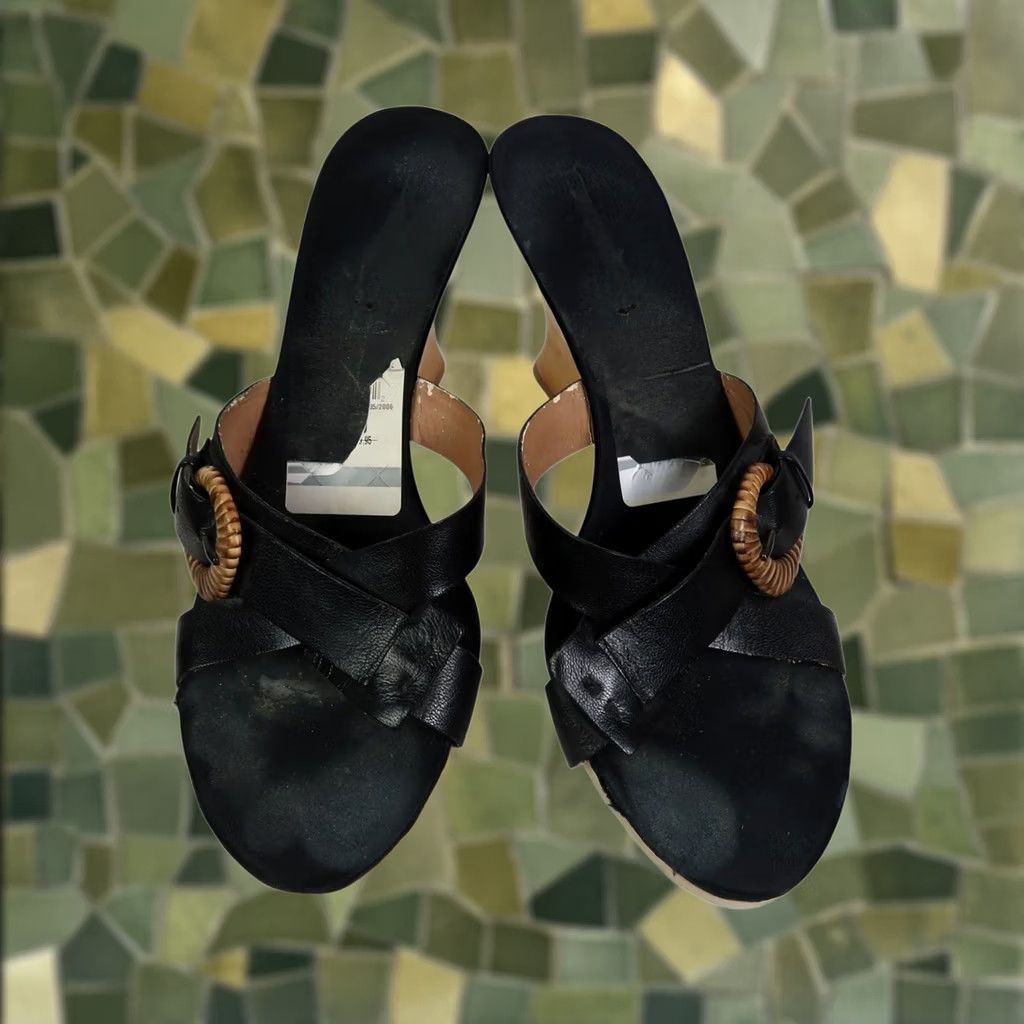 Vintage VINTAGE Black Leather Wedge Sandals Mule Heels 3.5" 10 Women Slip-On Casual Party/Cocktail Spring Summer Mens? Size US 10 / IT 40 - 1 Thumbnail