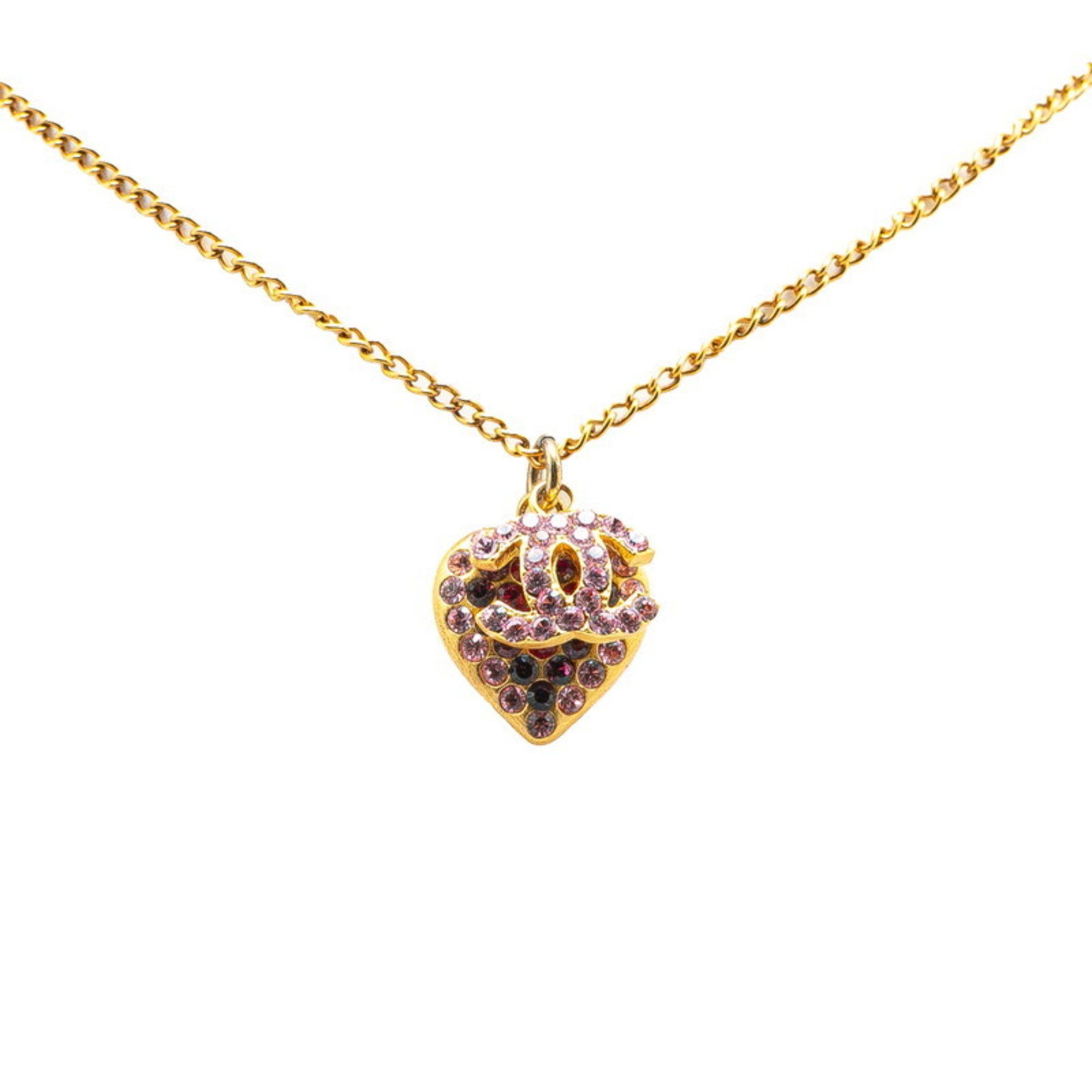 Chanel Coco Mark Heart Motif Rhinestone Necklace, Gold and Pink