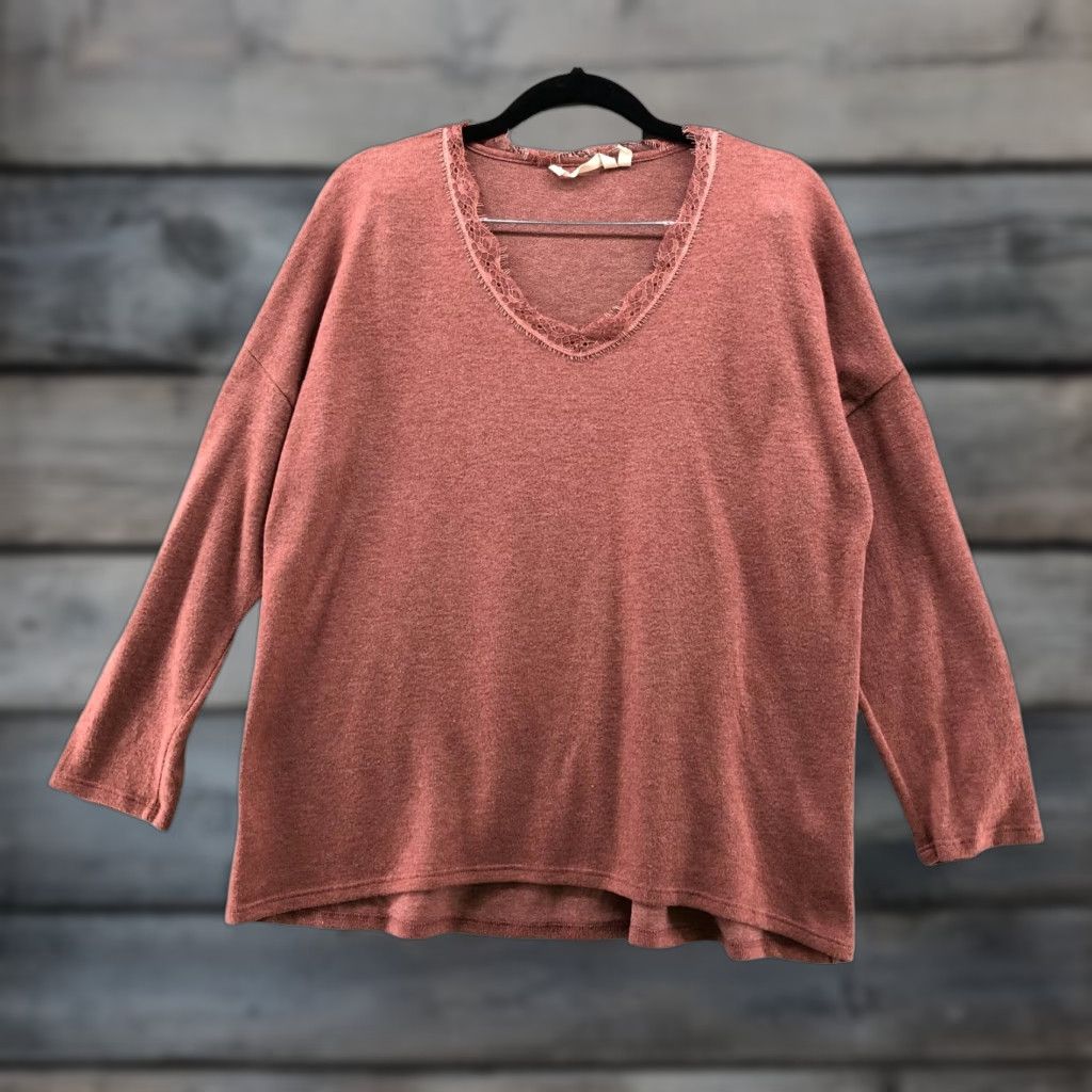 Soft Surroundings Soft Surroundings Sweater Womens M Rose Pink V-Neck Lace Trim Tight Knit Size M / US 6-8 / IT 42-44 - 1 Thumbnail
