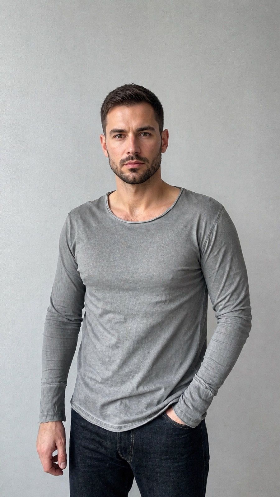 tigha Tigha Grey Acid Washed Longsleeve Cotton Top Raw Hem Grunge Size US L / EU 52-54 / 3 - 1 Thumbnail