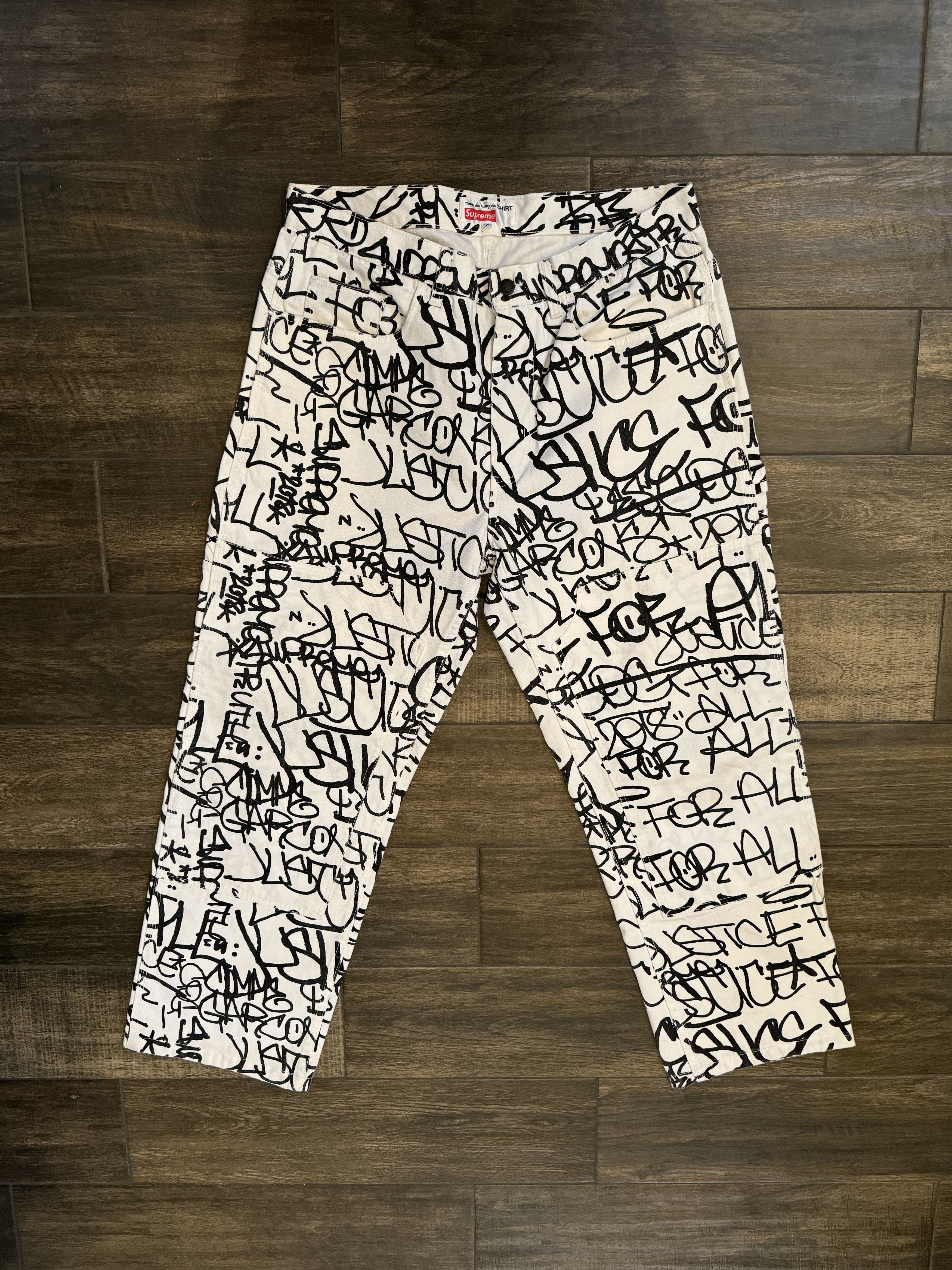 Pre-owned Comme Des Garcons X Comme Des Garcons Shirt Supreme X Cdg Shirt Justice For All Graffiti Work Pant In White