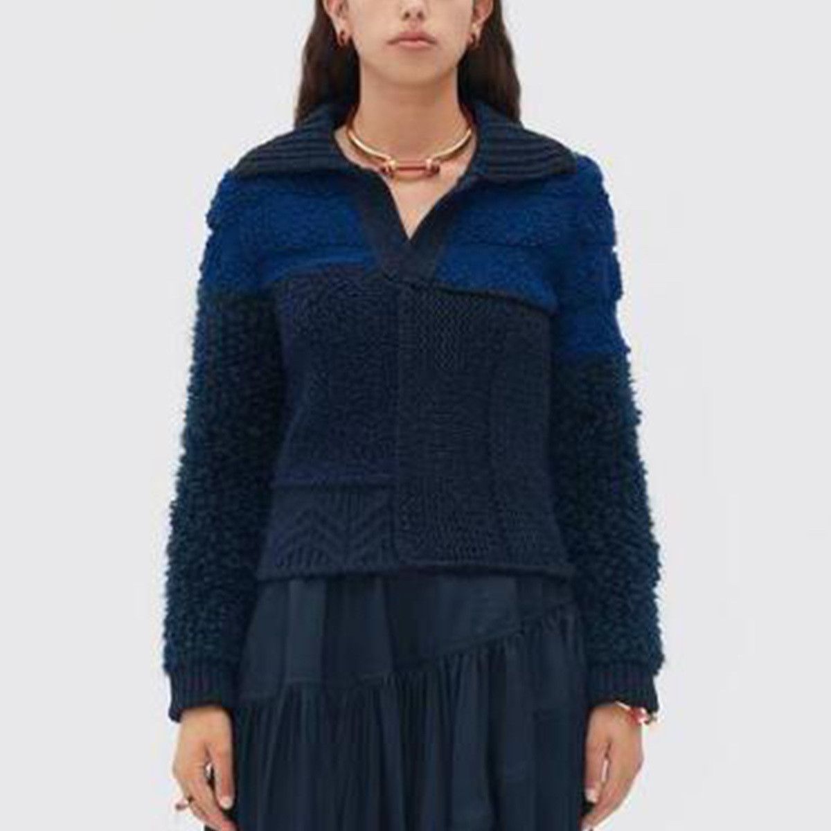 Bottega Veneta o1loc1c0824 720813 Patchwork Wool Jumper in Navy Blue Size S / US 4 / IT 40 - 2 Thumbnail