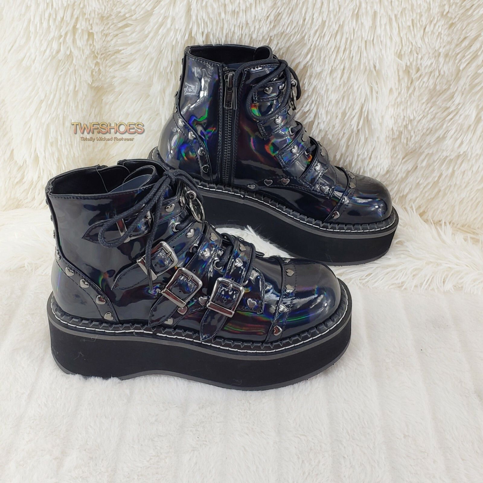 Demonia Cult DEMONIA Emily 315 Black Holo Patent Heart Stud Platform Ankl Size US 6 / IT 36 - 9 Thumbnail