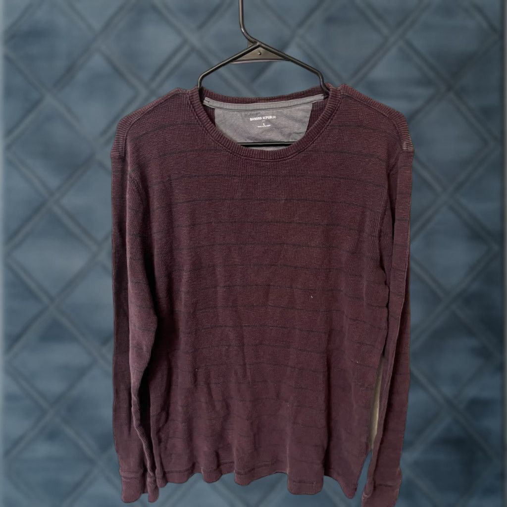 Banana Republic Banana Republic Sweater Mens Large Maroon Striped Waffle Knit Crewneck Pullover Heavyweight Thermal Size US L / EU 52-54 / 3 - 1 Thumbnail