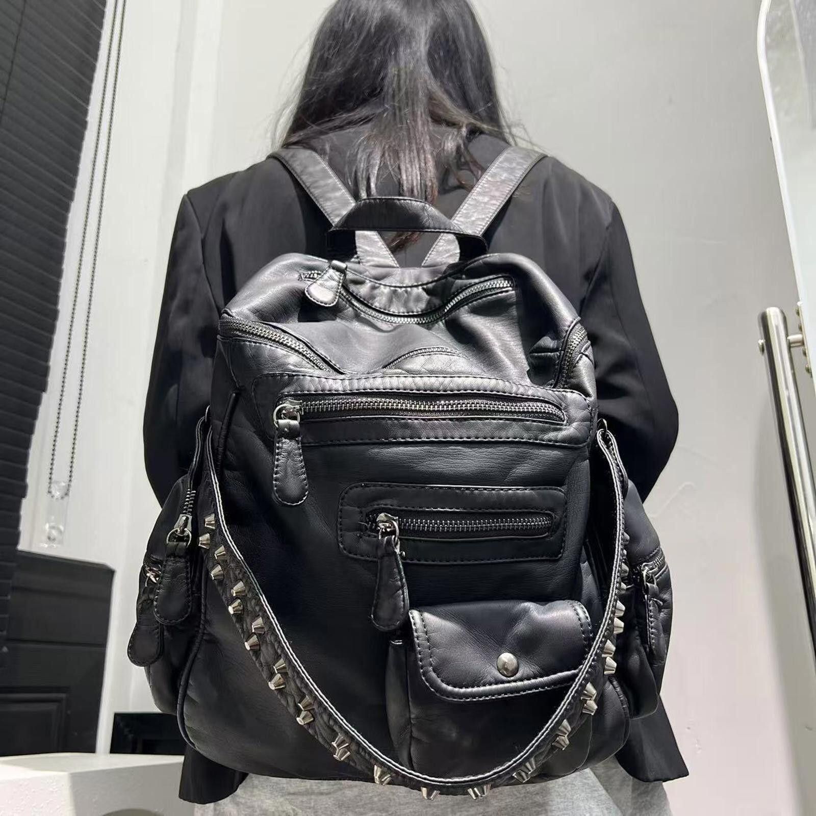 Leather Black Leather Studded Backpack, Multi-Pocket Casual Bag Size ONE SIZE - 2 Thumbnail