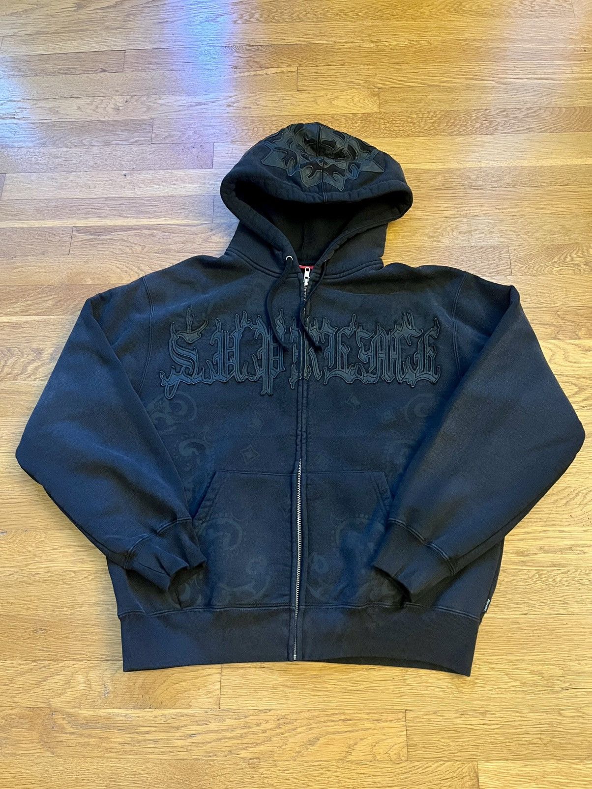 トップス Supreme Leather Applique Zip Up Hoodie Supreme Leather Applique Zip Up Hooded Sweatshirt Black