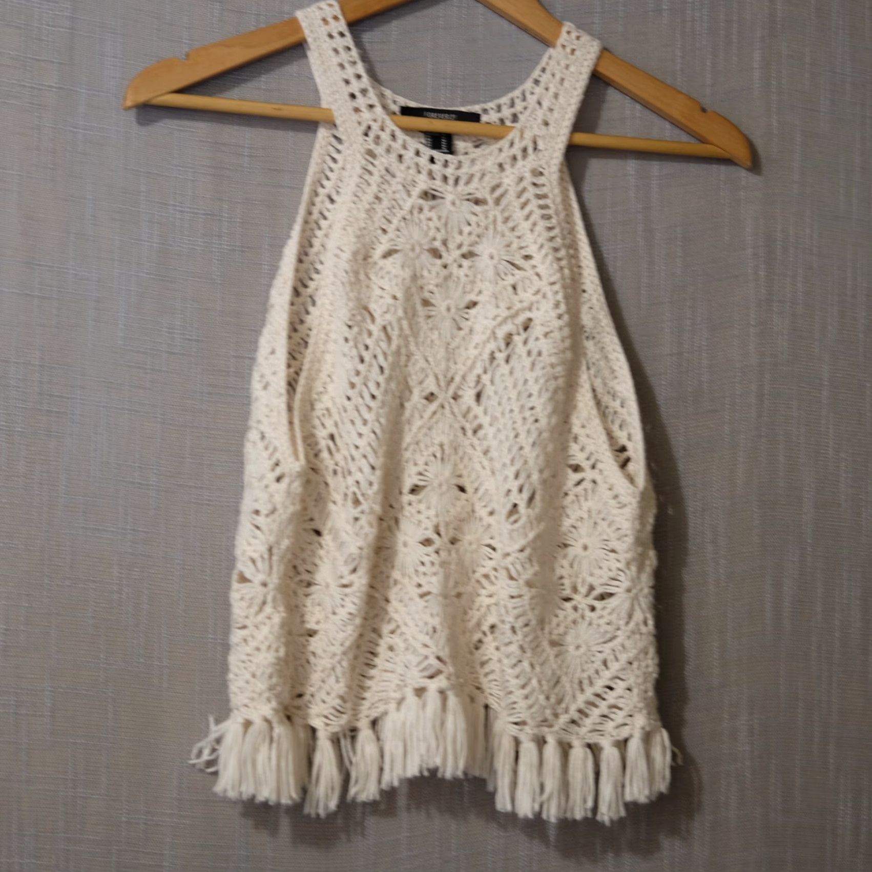 Forever 21 FOREVER 21 Tank Top Cream Crochet Fringe Boho Women's M Ivory Sleeveless Round Neck Casual Knit Festival Hippie Belle Size M / US 6-8 / IT 42-44 - 2 Thumbnail
