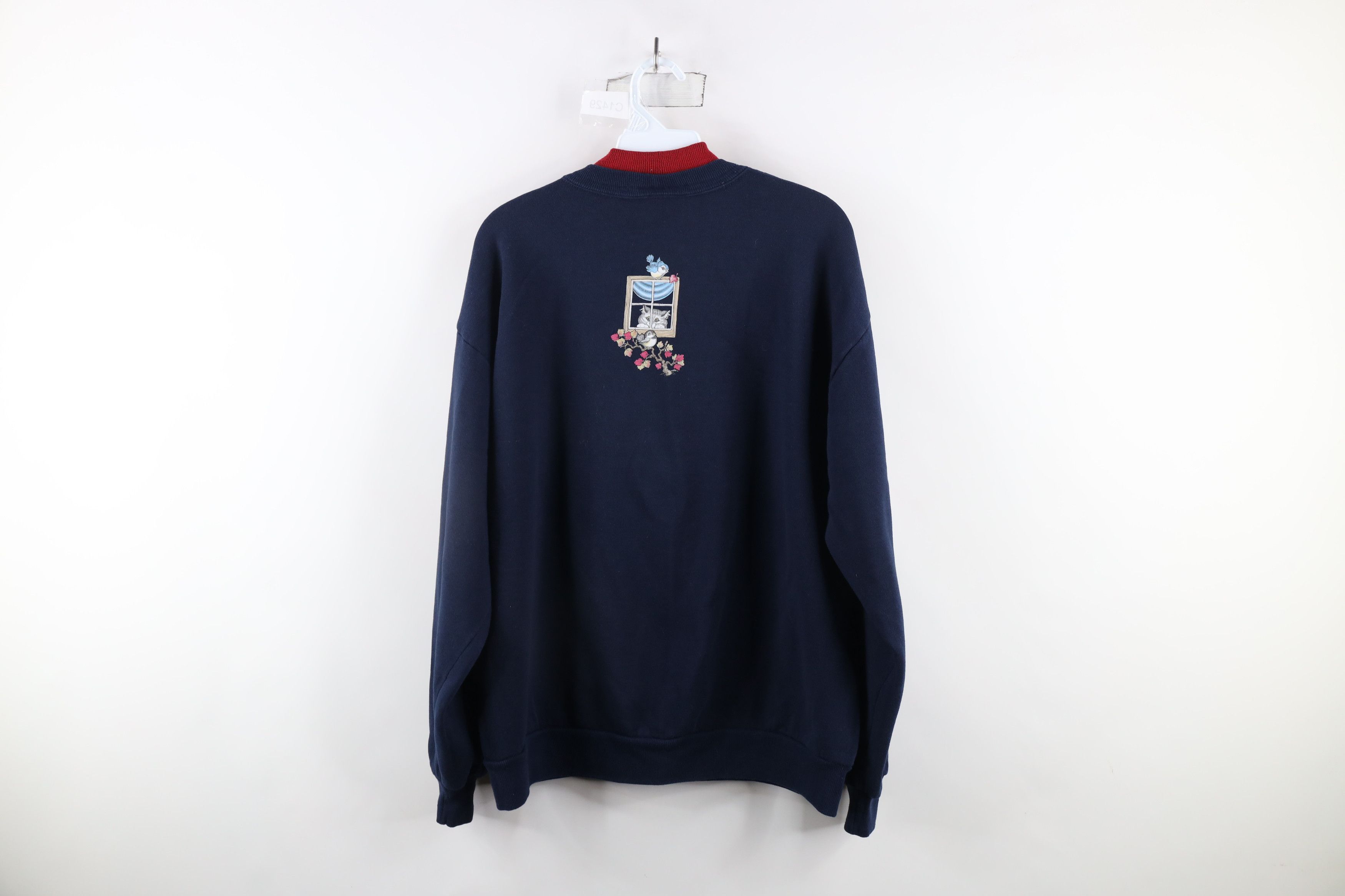 Vintage Vintage 90s Streetwear Cat Kitten Bird Sweatshirt Blue USA Size L / US 10 / IT 46 - 10 Thumbnail