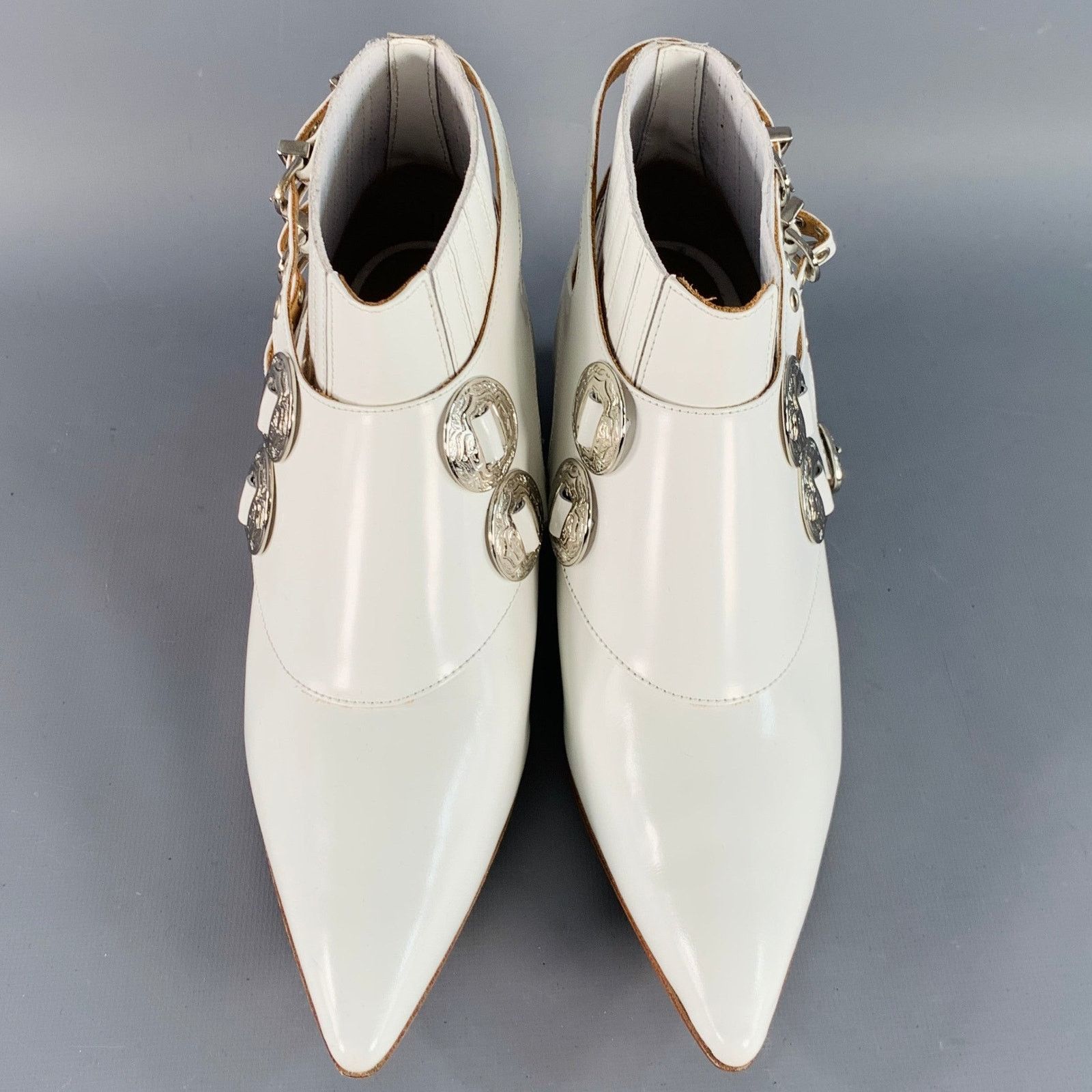 Toga Pulla White Silver Leather Pull On Western Harness Boots Size US 8.5 / IT 38.5 - 4 Thumbnail