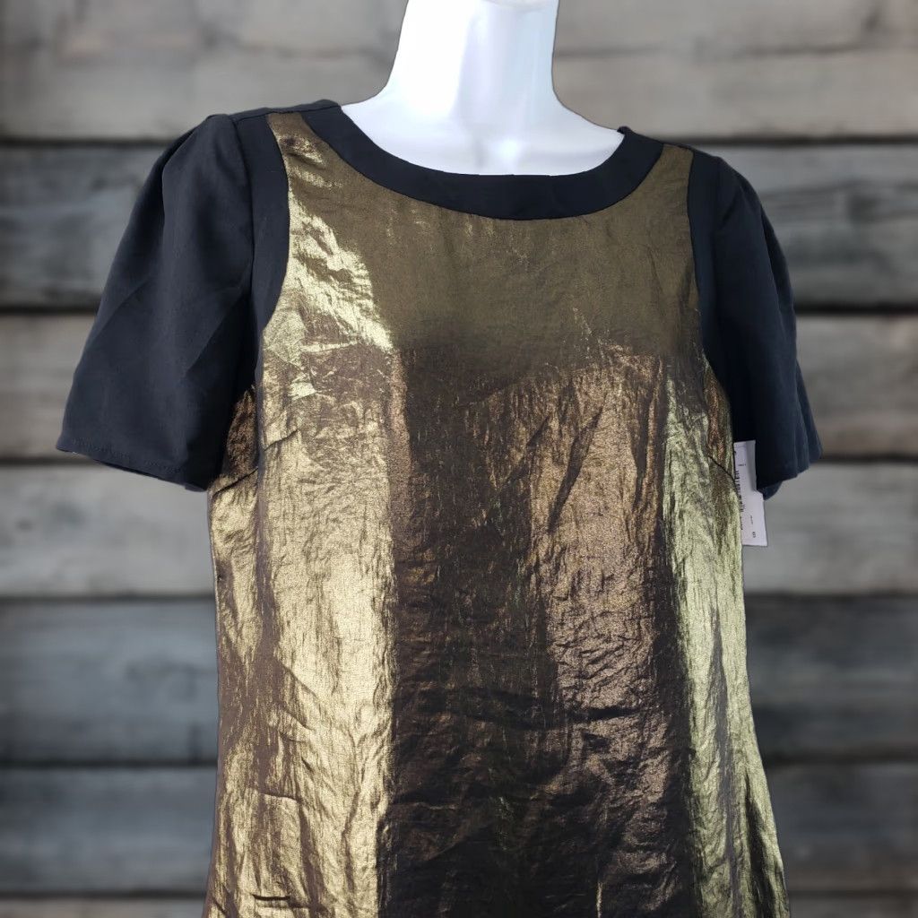 Vintage Bisou Bisou Womens Top Sz Small Black Gold Short Sleeve V-Neck Back Size S / US 4 / IT 40 - 1 Thumbnail