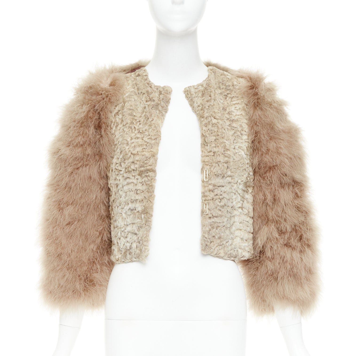 rare GIVENCHY beige Astrakan fur feather sleeves cropped bolero jacket