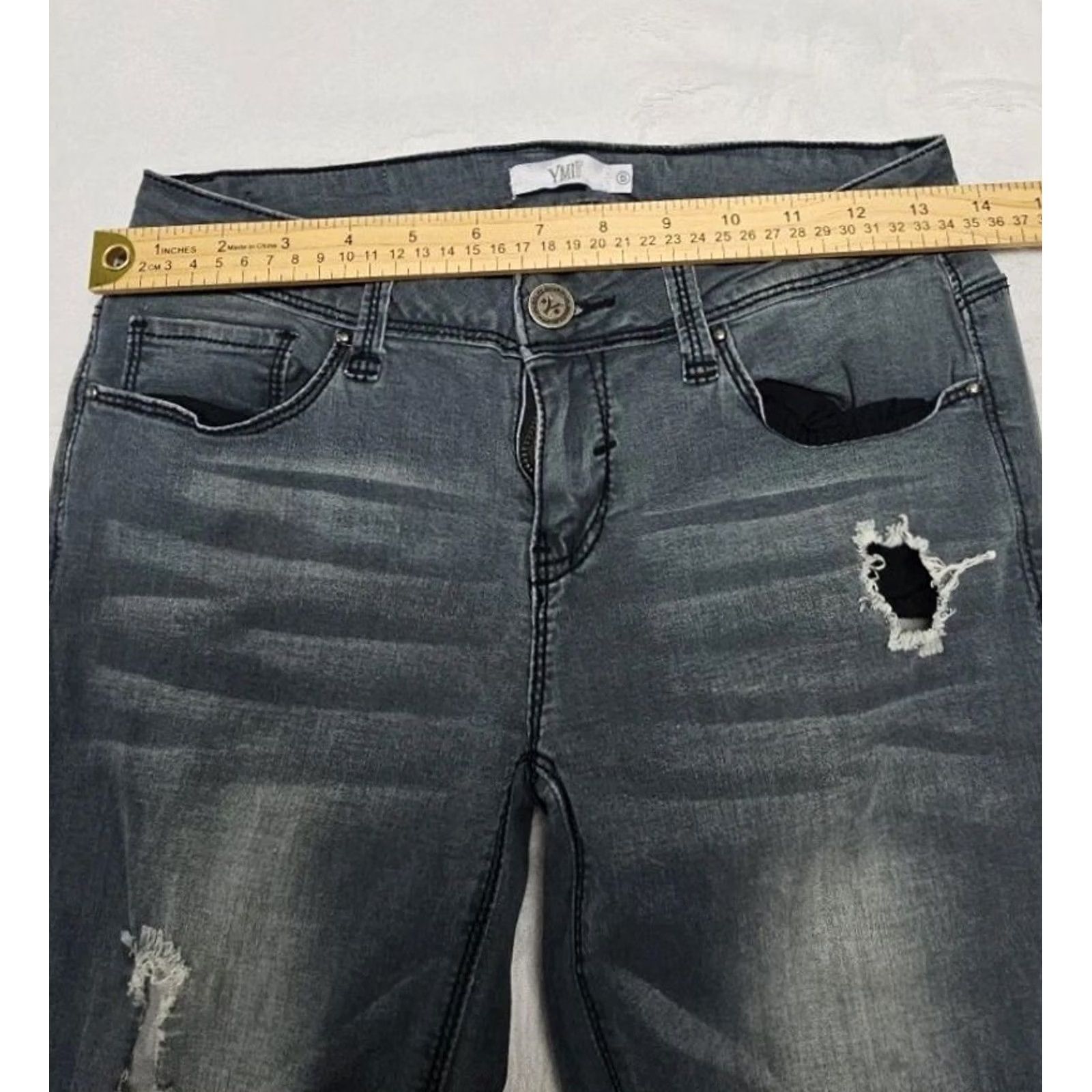 Denime YMI Skinny Jeans Juniors 5 Distressed Ripped Stretch Mid Rise Blue Denim Womens Girls 26in Inseam Regular Separate Zip Button Pant Size 27" / US 4 / IT 40 - 7 Thumbnail