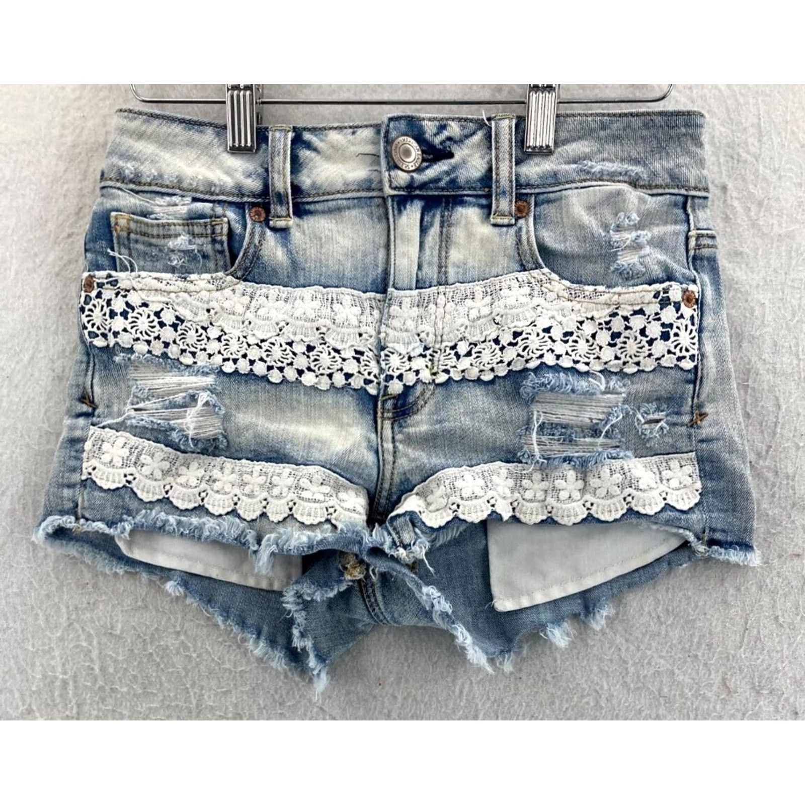 American Eagle Outfitters VINTAGE American Eagle Jean Shorts Womens 0 Blue Hi Rise Shortie Cut Off Stretch Lace Size 25" / US 0 / IT 36 - 2 Thumbnail