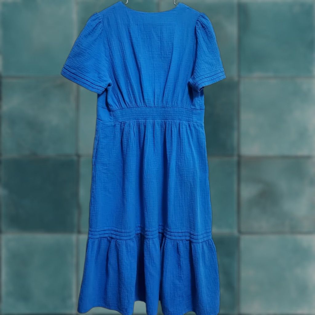 Boden VINTAGE Boden Maxi Dress Women 14R Blue Cotton Gauze Tiered Short Sleeve Pockets Boho Bohemian Cottagecore A-Line Maxi Womens 14 Blue Size 36" / US 14 / IT 50 - 1 Thumbnail