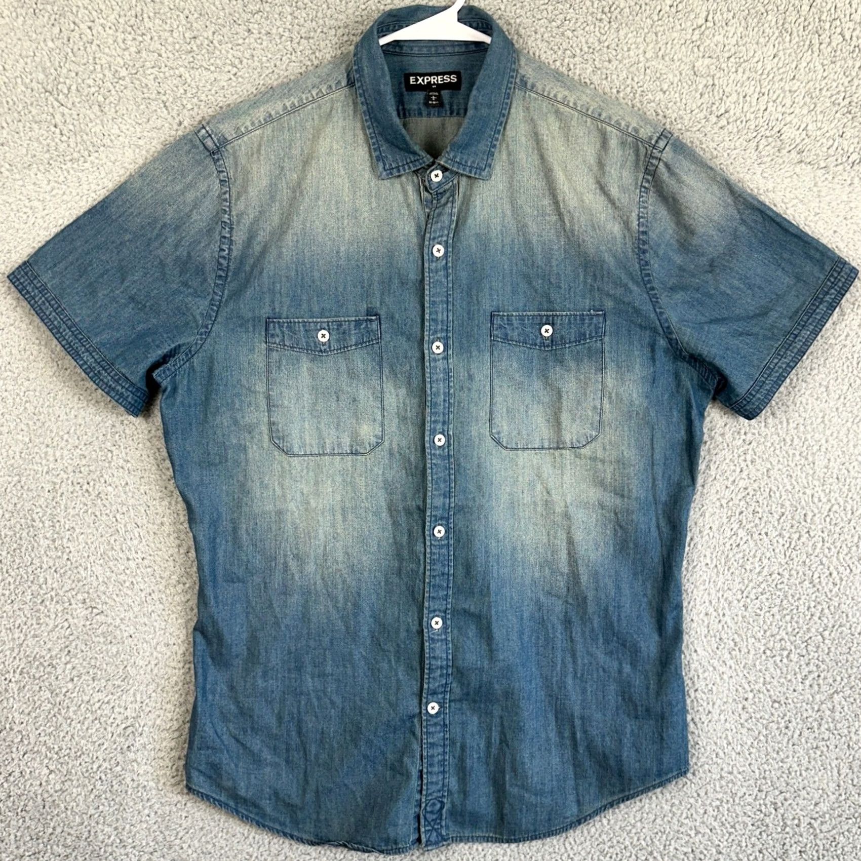 Express Express Denim Shirt Button Up Mens Large 16-16.5 Blue Acid Washed Pocket Casual Size US L / EU 52-54 / 3 - 3 Thumbnail