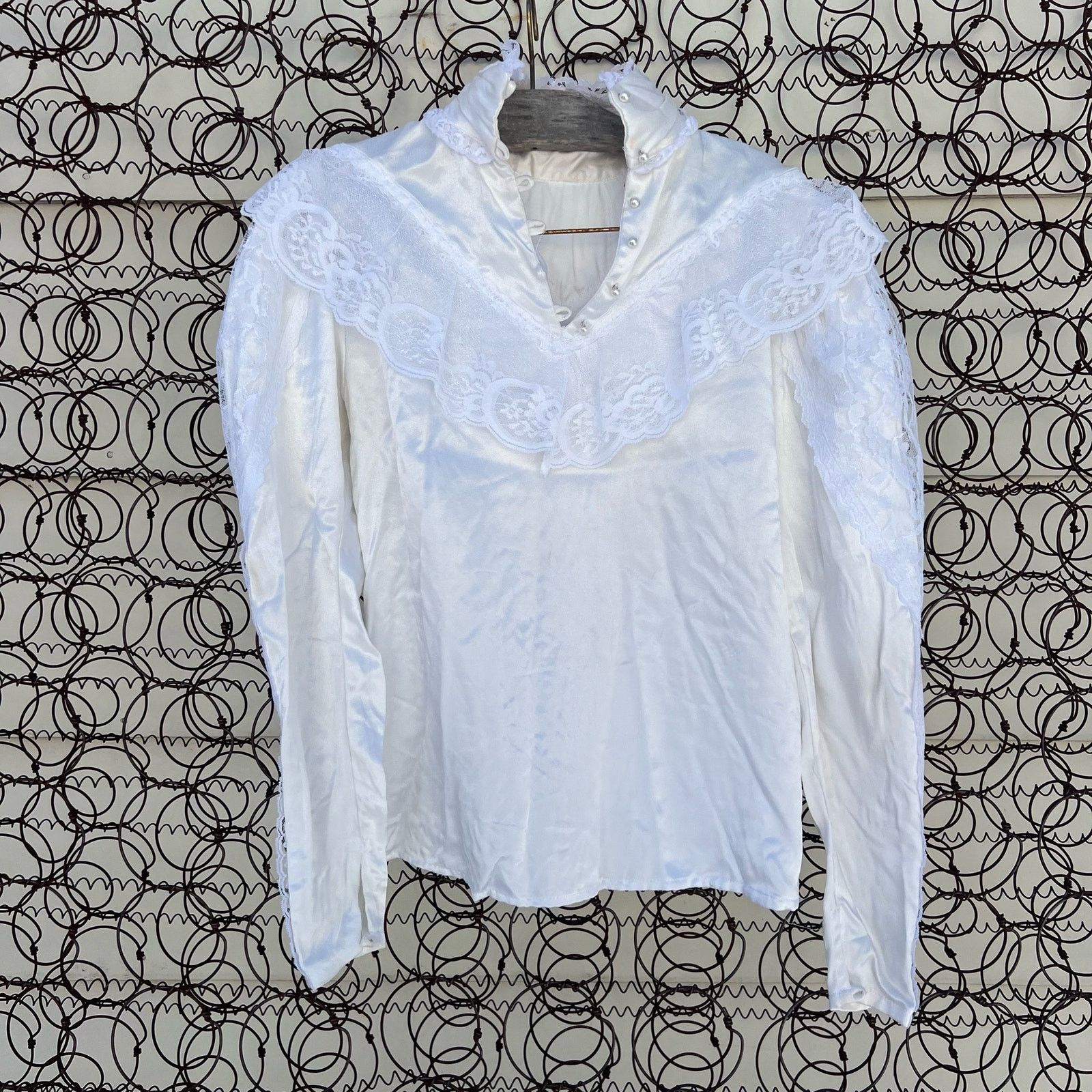 Vintage 80s Gunne Sax Poets Blouse Ruffles Satin Lace White L/S Size S / US 4 / IT 40 - 2 Thumbnail
