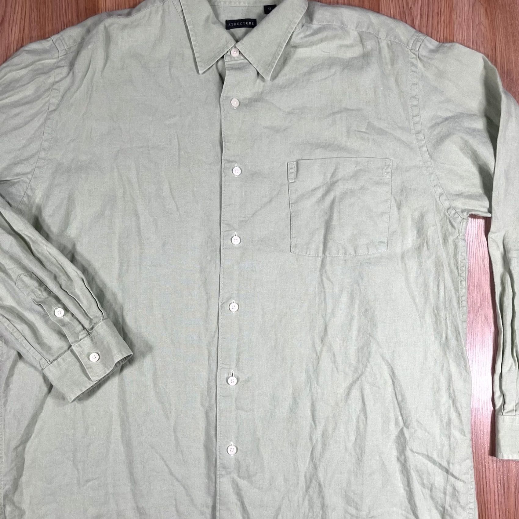 Vintage Structure Shirt Mens Size XL Extra Large 100% Linen Long Sleeve Button Up Green Size US XL / EU 56 / 4 - 2 Thumbnail