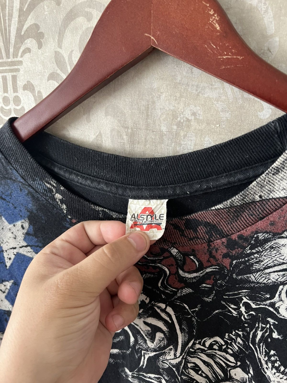 Vintage Vintage 90s AOP Biker Tee Skull Motorcycle USA Flag Alstyle Size US XXL / EU 58 / 5 - 8 Thumbnail