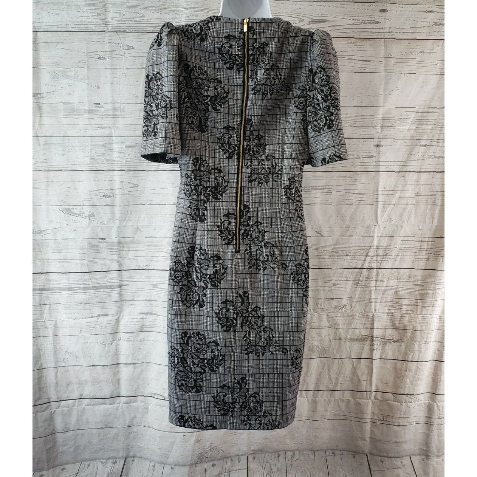 Nanette Lepore Nanette Lepore Womens Dress Sz 4 Black Houndstooth Floral Half Sleeve Silhouette Sheath 4 Womens Size S / US 4 / IT 40 - 4 Thumbnail