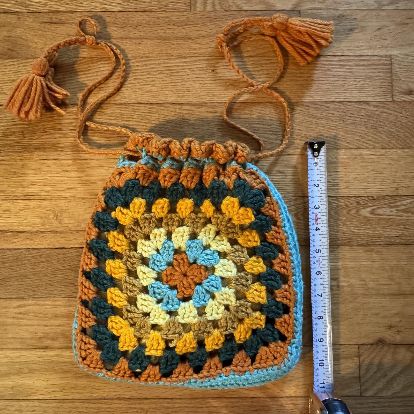 Handmade Y2K Boho Crochet Drawstring Shoulder Bag with Tassels Size ONE SIZE - 1 Thumbnail