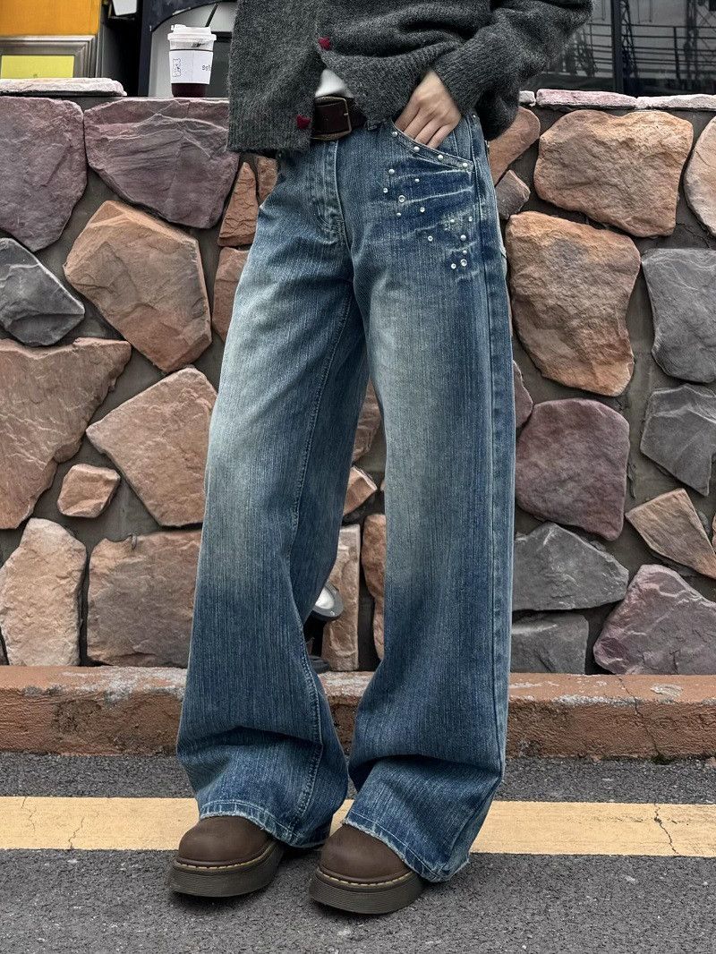 Japanese Brand American retro studded low-rise wide-leg jeans for men Size US 32 / EU 48 - 1 Thumbnail