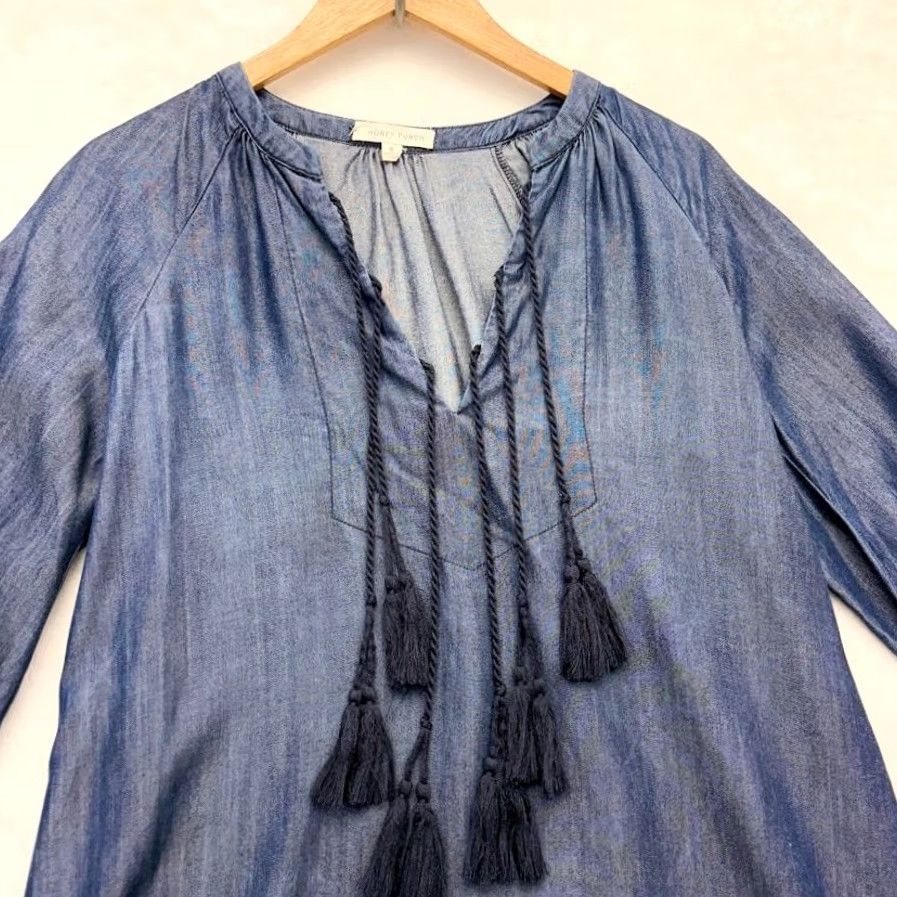 Vintage Honey Punch Dress Womens S Blue Chambray Denim Boho Tassel Peasant Blouse Tunic Mini Size Size S / US 4 / IT 40 - 5 Thumbnail