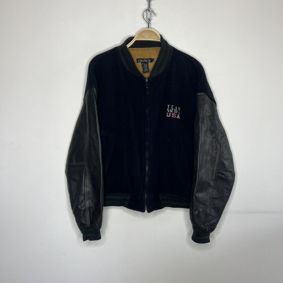 Nautica × Vintage Vintage 80s Nautica G-1 Flight Leather Wool Bomber Jacket Size US L / EU 52-54 / 3 - 7 Thumbnail