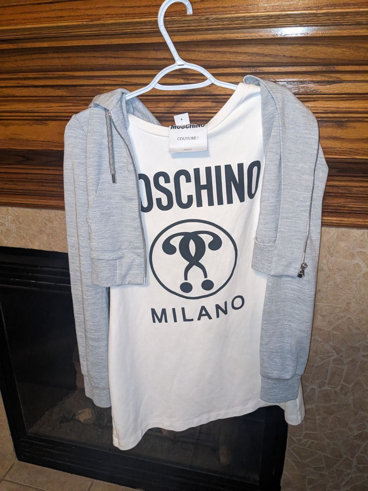 image of Moschino Logo T Shirt Dress With Attached Jacket in White/Great w/ Black Lettering, Women's (Size S