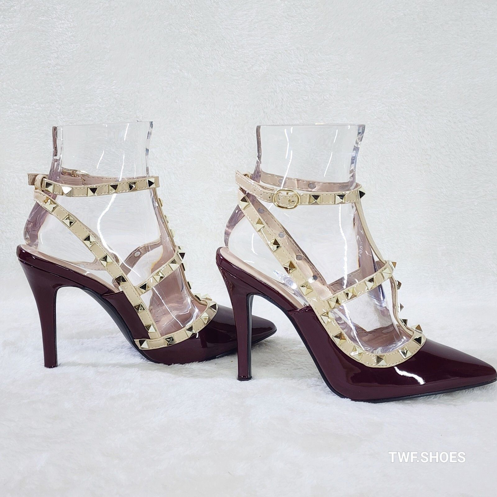 Other Caged Burgundy Red Patent Studded Strappy Stiletto High Heel Size US 7.5 / IT 37.5 - 2 Thumbnail
