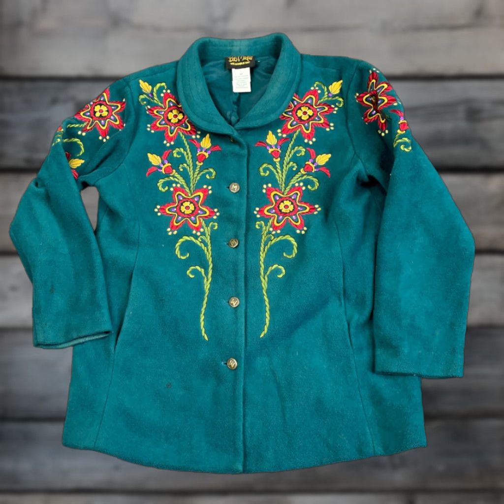 Bob Mackie Bob Mackie Jacket Medium Dark Green Embroidered Flower Fleece Snap Women's Size M / US 6-8 / IT 42-44 - 1 Thumbnail
