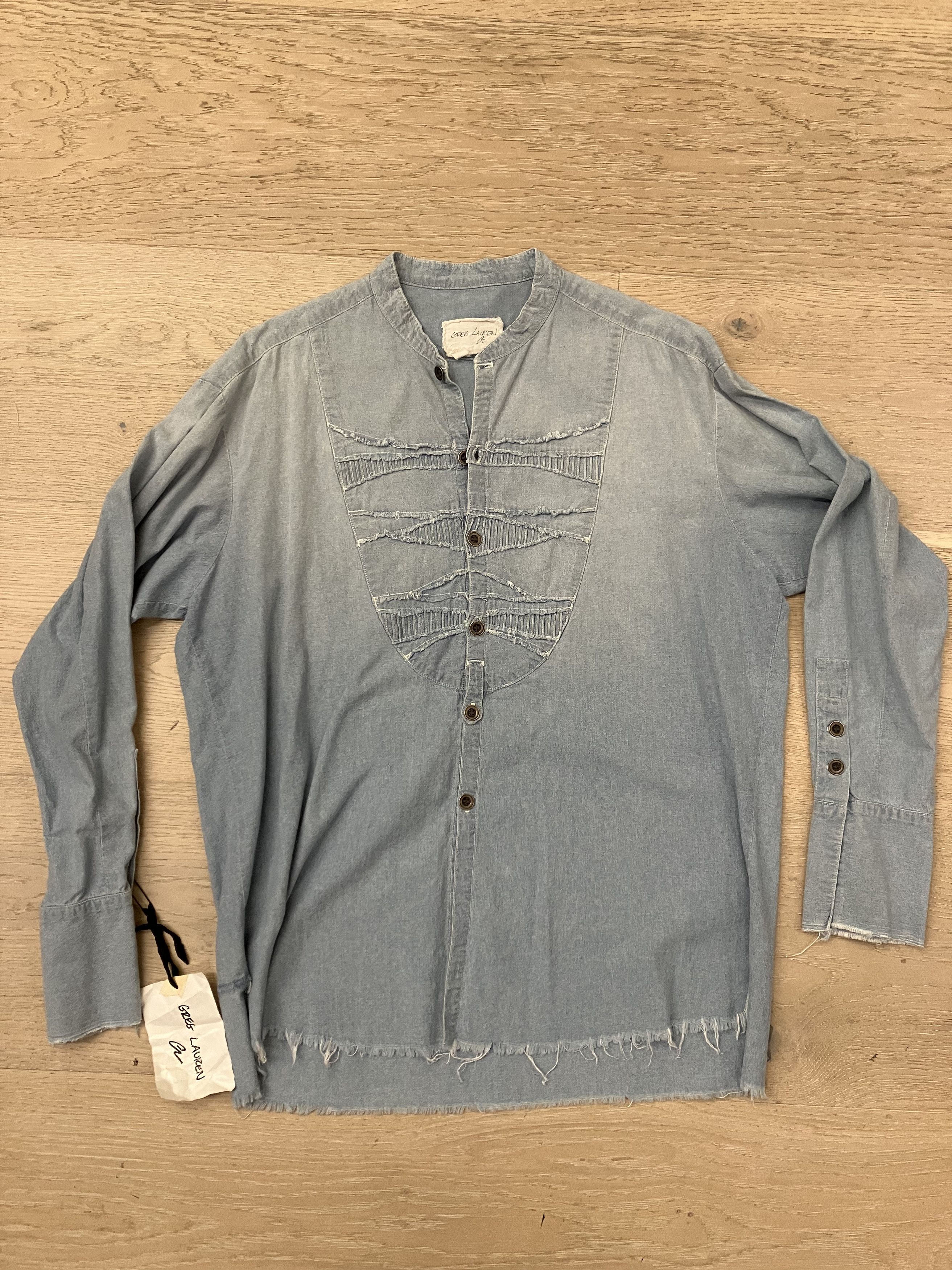 image of $750 NWT Greg Laurent Blue Studio Shirt With Mixed Bib, Men's (Size Large)