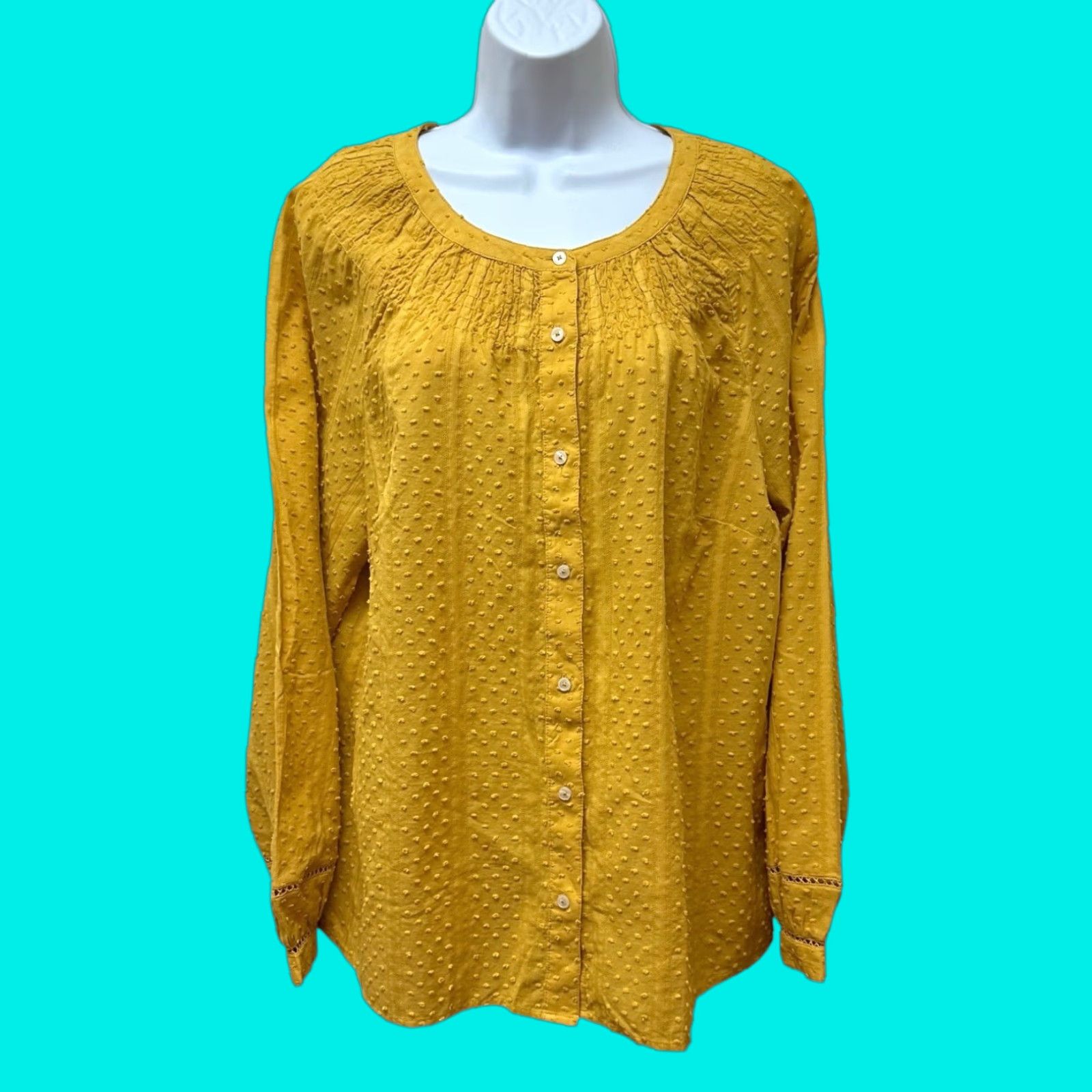 VINTAGE Talbots Women's Blouse Shirt XL Yellow Polka Dot Cotton