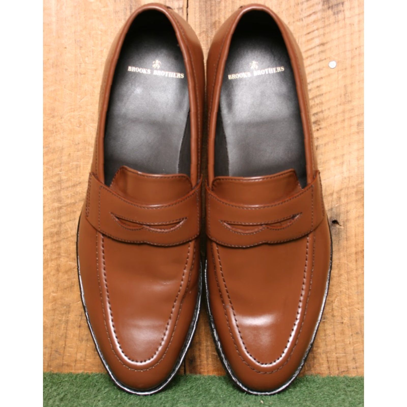 Brooks Brothers BROOKS BROTHERS Cognac Brown Leather Apron Toe Penny Loafers Sz. 9D Mens Leather Upper Slip On Dress Loafer D US 9 Brown Size US 9 / EU 42 - 4 Thumbnail